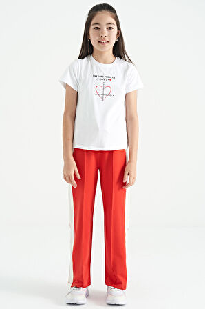 Beyaz O Yaka Baskı Detaylı Rahat Kalıp Kız Çocuk T-Shirt - 75129 | 12-13 Yaş
