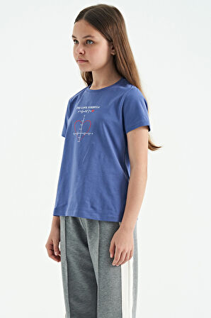 Açık Eflatun O Yaka Baskı Detaylı Rahat Kalıp Kız Çocuk T-Shirt - 75129 | 9-10 Yaş