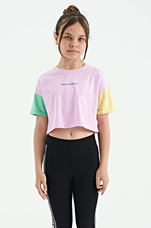 Pembe Yazı Baskılı O Yaka Düşük Omuzlu Oversize Kız Çocuk T-Shirt - 75130 | 14-15 Yaş