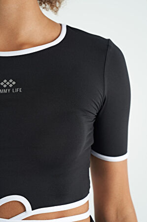 Siyah Bel Bağlama Detaylı O Yaka Standart Kalıp Dalgıç Kumaş Kadın Crop T-Shirt - 97266 | M