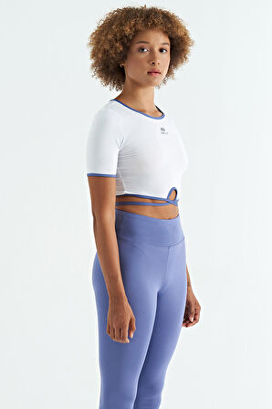 Beyaz Bel Bağlama Detaylı O Yaka Standart Kalıp Dalgıç Kumaş Kadın Crop T-Shirt - 97266 | S
