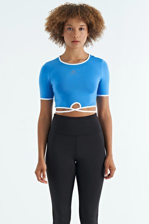 Saks Bel Bağlama Detaylı O Yaka Standart Kalıp Dalgıç Kumaş Kadın Crop T-Shirt - 97266 | M
