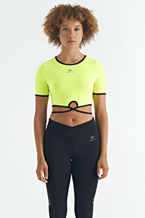 Neon Sarı Bel Bağlama Detaylı O Yaka Standart Kalıp Dalgıç Kumaş Kadın Crop T-Shirt - 97266 | XL