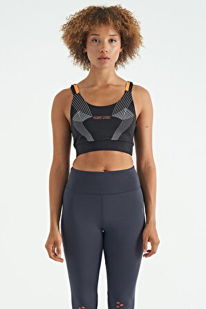 Siyah Baskılı Sırt Çapraz Detaylı Dalgıç Kumaş Dar Kalıp Kadın Büstiyer - 97273 | XL