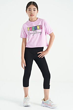Pembe - Siyah Yazı Baskılı Oversize Kız Çocuk Crop Tayt Takım - 75133 | 12-13 Yaş