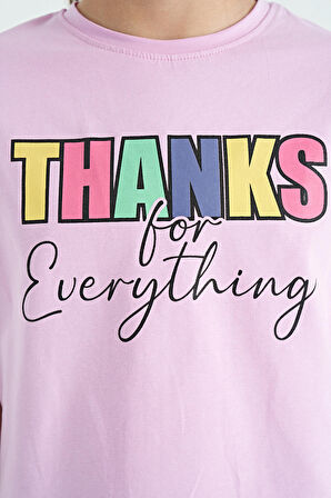 Pembe - Siyah Yazı Baskılı Oversize Kız Çocuk Crop Tayt Takım - 75133 | 12-13 Yaş