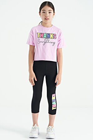 Pembe - Siyah Yazı Baskılı Oversize Kız Çocuk Crop Tayt Takım - 75133 | 12-13 Yaş