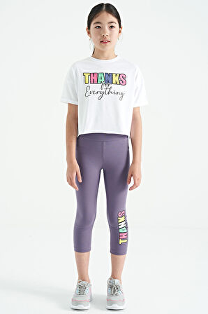 Beyaz - Açık Eflatun Yazı Baskılı Oversize Kız Çocuk Crop Tayt Takım - 75133 | 10-11 Yaş