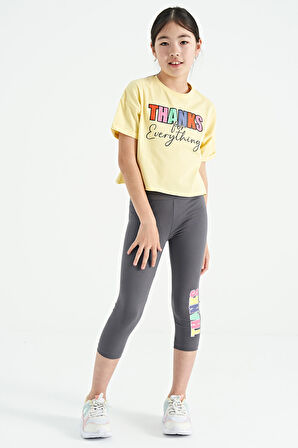 Sarı - Koyu Gri Yazı Baskılı Oversize Kız Çocuk Crop Tayt Takım - 75133 | 13-14 Yaş