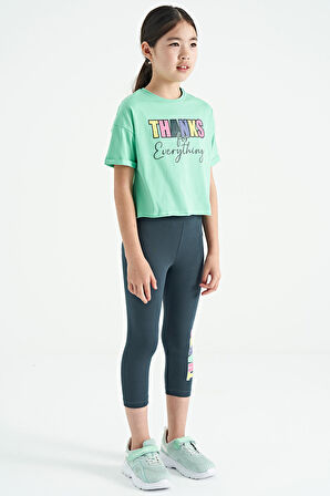 Su Yeşil - Orman Yeşil Yazı Baskılı Oversize Kız Çocuk Crop Tayt Takım - 75133 | 13-14 Yaş