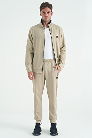Bej Dik Yaka Fermuarlı Jogger Rahat Form Erkek Eşofman Takım - 85198 | S