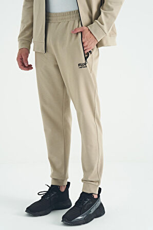 Bej Dik Yaka Fermuarlı Jogger Rahat Form Erkek Eşofman Takım - 85198 | S