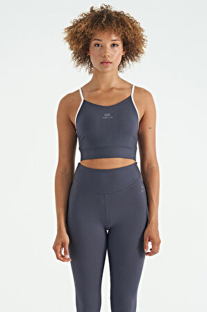 Antrasit Sırt Çapraz Detaylı Logo Baskılı Dar Kalıp Fitilli Kadın Büstiyer - 97274 | L