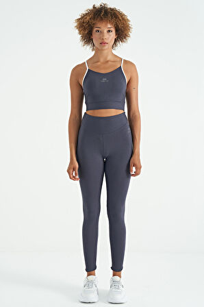 Antrasit Sırt Çapraz Detaylı Logo Baskılı Dar Kalıp Fitilli Kadın Büstiyer - 97274 | M