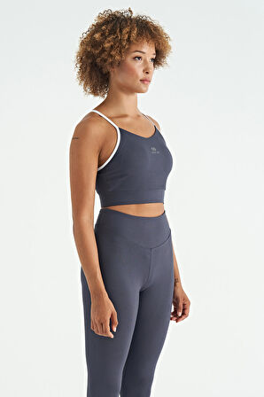 Antrasit Sırt Çapraz Detaylı Logo Baskılı Dar Kalıp Fitilli Kadın Büstiyer - 97274 | M