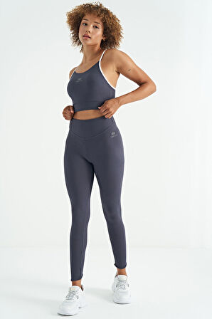 Antrasit Sırt Çapraz Detaylı Logo Baskılı Dar Kalıp Fitilli Kadın Büstiyer - 97274 | M