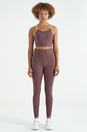 Kahverengi Sırt Çapraz Detaylı Logo Baskılı Dar Kalıp Fitilli Kadın Büstiyer - 97274 | XL