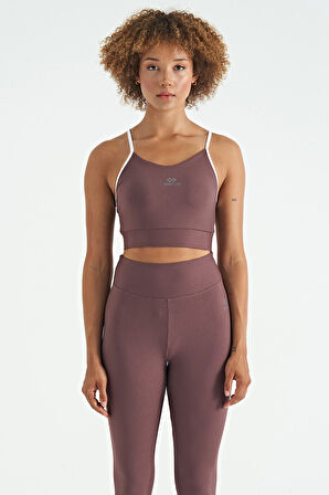 Kahverengi Sırt Çapraz Detaylı Logo Baskılı Dar Kalıp Fitilli Kadın Büstiyer - 97274 | XL