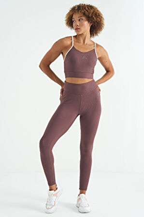 Kahverengi Sırt Çapraz Detaylı Logo Baskılı Dar Kalıp Fitilli Kadın Büstiyer - 97274 | XL