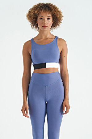 Eflatun Renk Bloklu Logo Baskılı Dar Kalıp Fitilli Kadın Büstiyer - 97275 | M