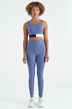 Eflatun Renk Bloklu Logo Baskılı Dar Kalıp Fitilli Kadın Büstiyer - 97275 | M