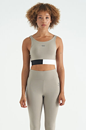 Zeytin Yeşil Renk Bloklu Logo Baskılı Dar Kalıp Fitilli Kadın Büstiyer - 97275 | M