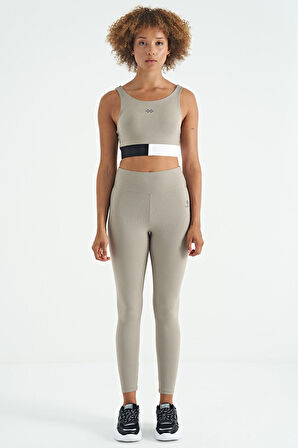 Zeytin Yeşil Renk Bloklu Logo Baskılı Dar Kalıp Fitilli Kadın Büstiyer - 97275 | M