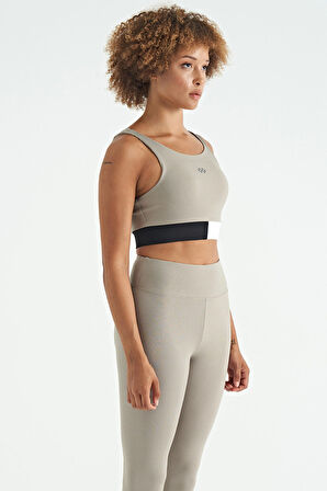 Zeytin Yeşil Renk Bloklu Logo Baskılı Dar Kalıp Fitilli Kadın Büstiyer - 97275 | M