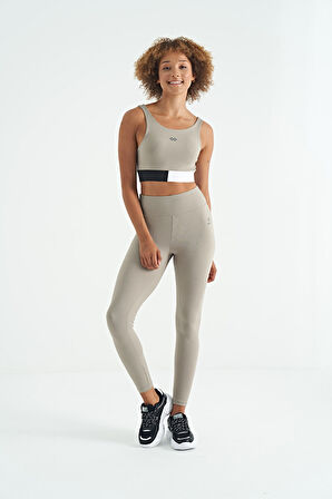 Zeytin Yeşil Renk Bloklu Logo Baskılı Dar Kalıp Fitilli Kadın Büstiyer - 97275 | M