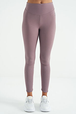 Gül Kurusu Biye Detaylı Yüksek Bel Slim Fit Fitilli Kadın Tayt - 94643 | XL