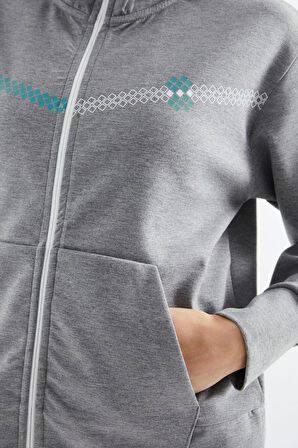 Gri Melanj Kapüşonlu Fermuarlı Kadın Sweatshirt - 97277