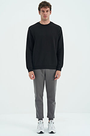 Siyah O Yaka Şardonlu Rahat Form Basic Erkek Sweatshirt - 88137 | XXL