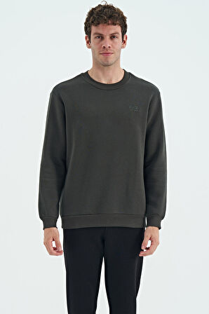 Haki O Yaka Şardonlu Rahat Form Basic Erkek Sweatshirt - 88137 | XXL