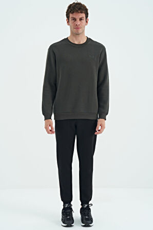 Haki O Yaka Şardonlu Rahat Form Basic Erkek Sweatshirt - 88137 | XXL