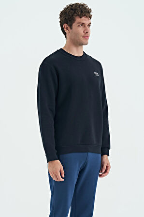 Lacivert O Yaka Şardonlu Rahat Form Basic Erkek Sweatshirt - 88137 | XXL