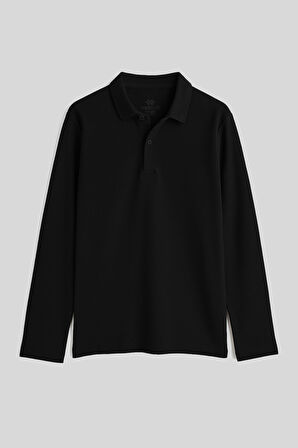 Siyah Polo Yaka Basic Uzun Kollu Erkek Çocuk T-Shirt - 11170