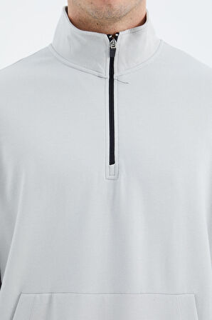 Taş Dik Yaka Yarım Fermuarlı Cep Detaylı Erkek Sweatshirt - 88278 | XXL