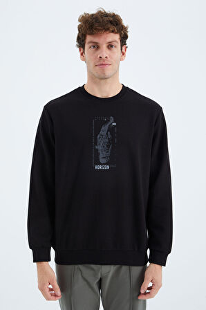 Siyah O Yaka Baskı Detaylı Rahat Kalıp Erkek Sweatshirt - 88283 | S