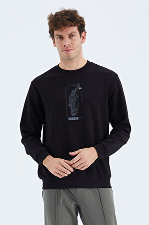 Siyah O Yaka Baskı Detaylı Rahat Kalıp Erkek Sweatshirt - 88283 | S