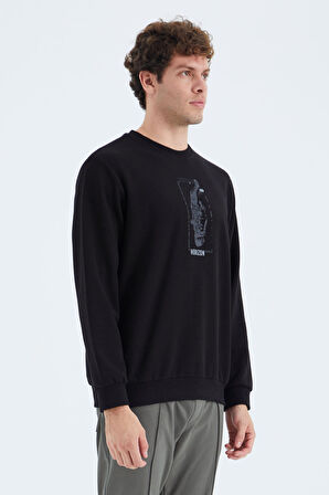 Siyah O Yaka Baskı Detaylı Rahat Kalıp Erkek Sweatshirt - 88283 | S