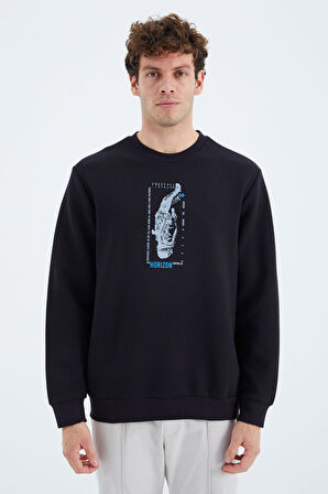 Lacivert O Yaka Baskı Detaylı Rahat Kalıp Erkek Sweatshirt - 88283 | S