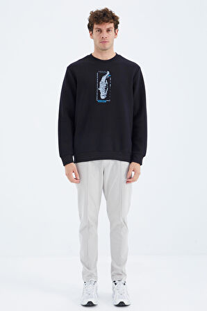 Lacivert O Yaka Baskı Detaylı Rahat Kalıp Erkek Sweatshirt - 88283 | S