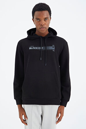 Siyah Kapüşonlu Bağcıklı Baskı Detaylı Rahat Kalıp Erkek Sweatshirt - 88287 | XXL