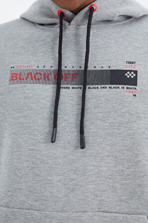 Gri Melanj Kapüşonlu Bağcıklı Baskı Detaylı Rahat Kalıp Erkek Sweatshirt - 88287