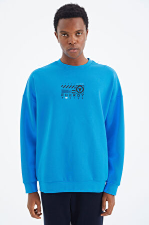 Saks O Yaka Baskı Detaylı Rahat Kalıp Erkek Swetshirt - 88284 | M