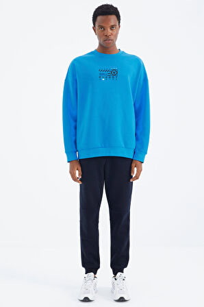 Saks O Yaka Baskı Detaylı Rahat Kalıp Erkek Swetshirt - 88284 | M