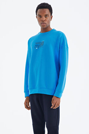 Saks O Yaka Baskı Detaylı Rahat Kalıp Erkek Swetshirt - 88284 | M
