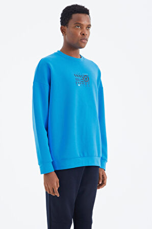 Saks O Yaka Baskı Detaylı Rahat Kalıp Erkek Swetshirt - 88284 | M