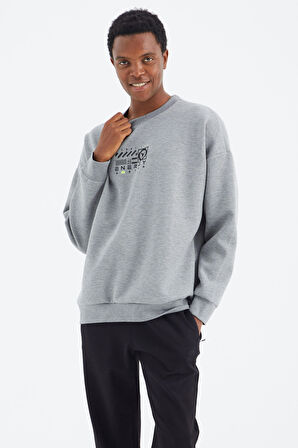 Gri Melanj O Yaka Baskı Detaylı Rahat Kalıp Erkek Sweatshirt - 88284