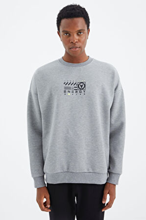 Gri Melanj O Yaka Baskı Detaylı Rahat Kalıp Erkek Sweatshirt - 88284